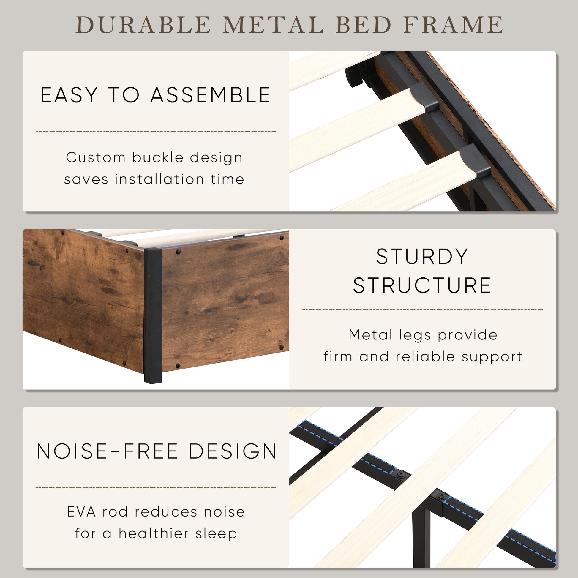 Durable metal bed frame with easy assembly buckle design for quick installation