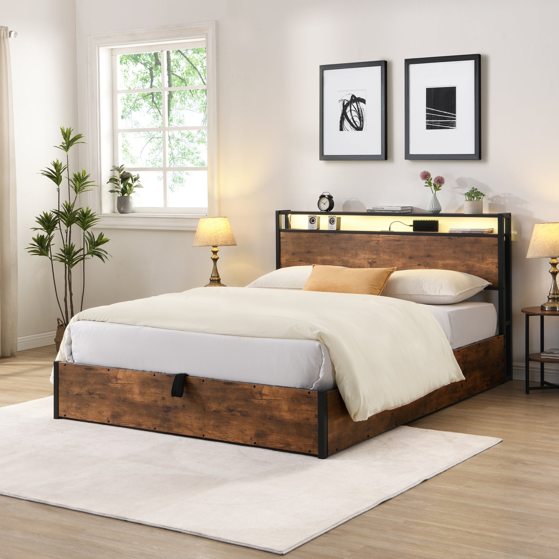 Rustic wood and black metal queen bed frame with integrated headboard storage and LED lighting