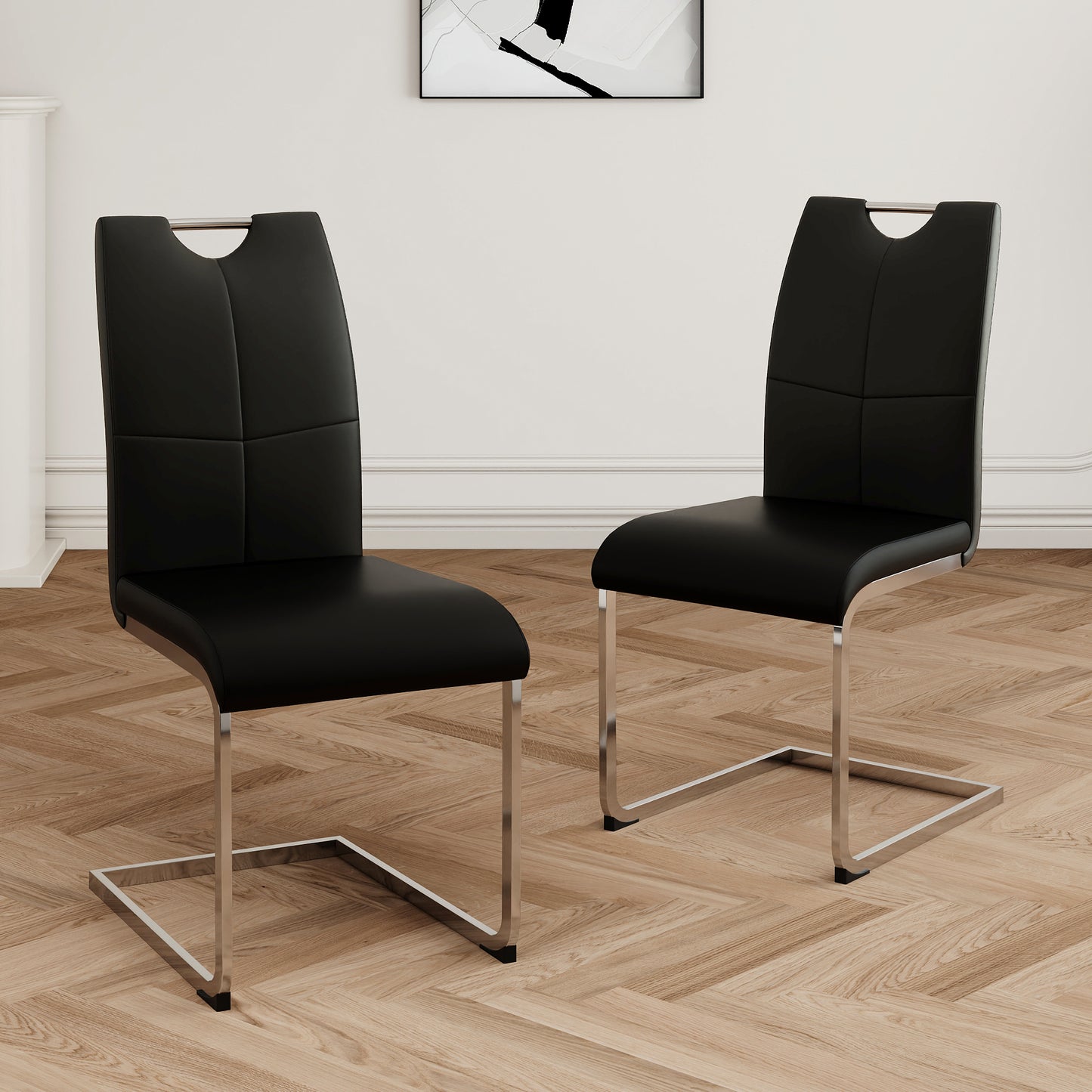 Black leather dining chair with chrome sled base