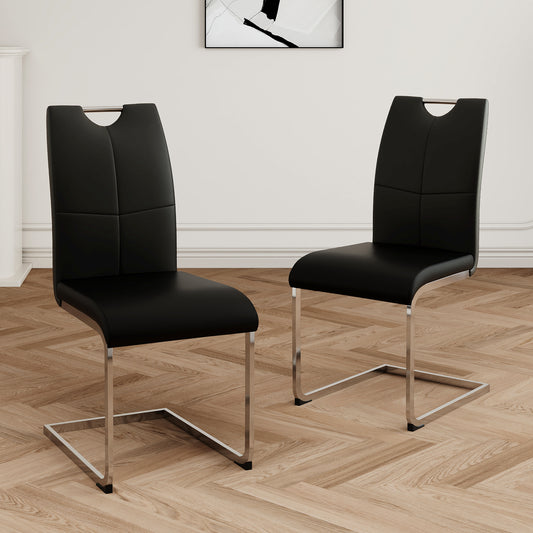 Black leather dining chair with chrome sled base