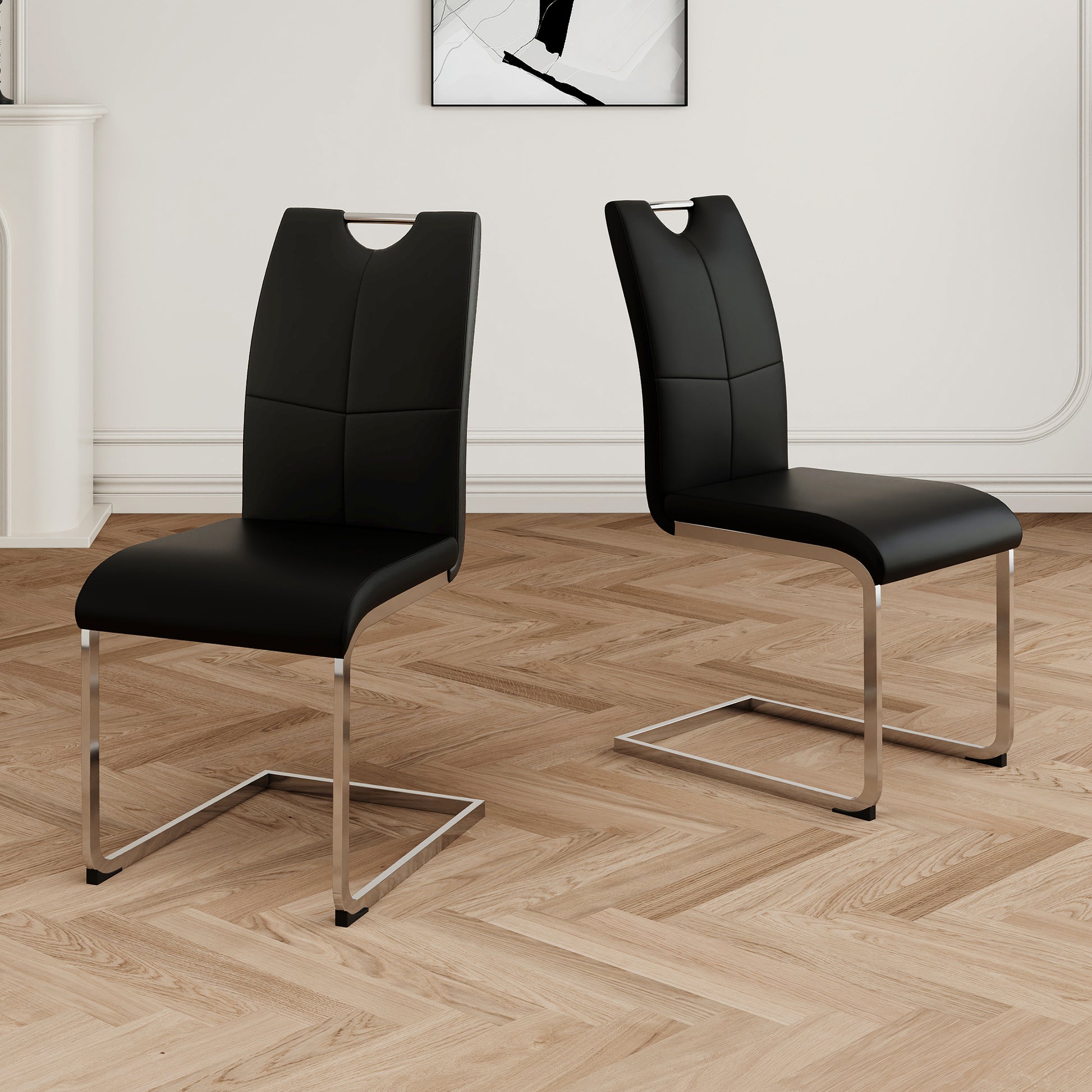 Black faux leather dining chair with chrome sled base