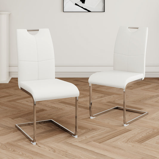 Modern white faux leather dining chairs with chrome legs