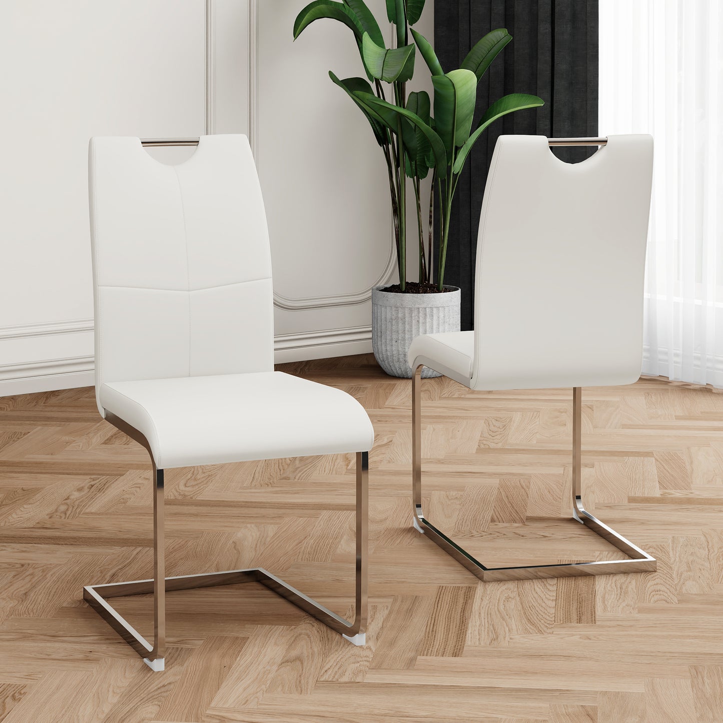 White faux leather cantilever chair with chrome legs and a modern cutout handle