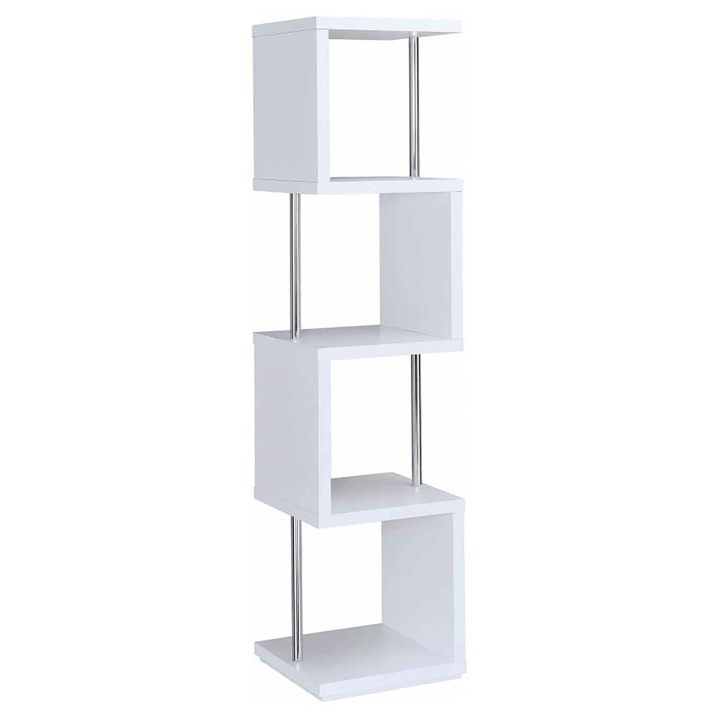 White fourtier zigzag bookshelf with chrome support rods