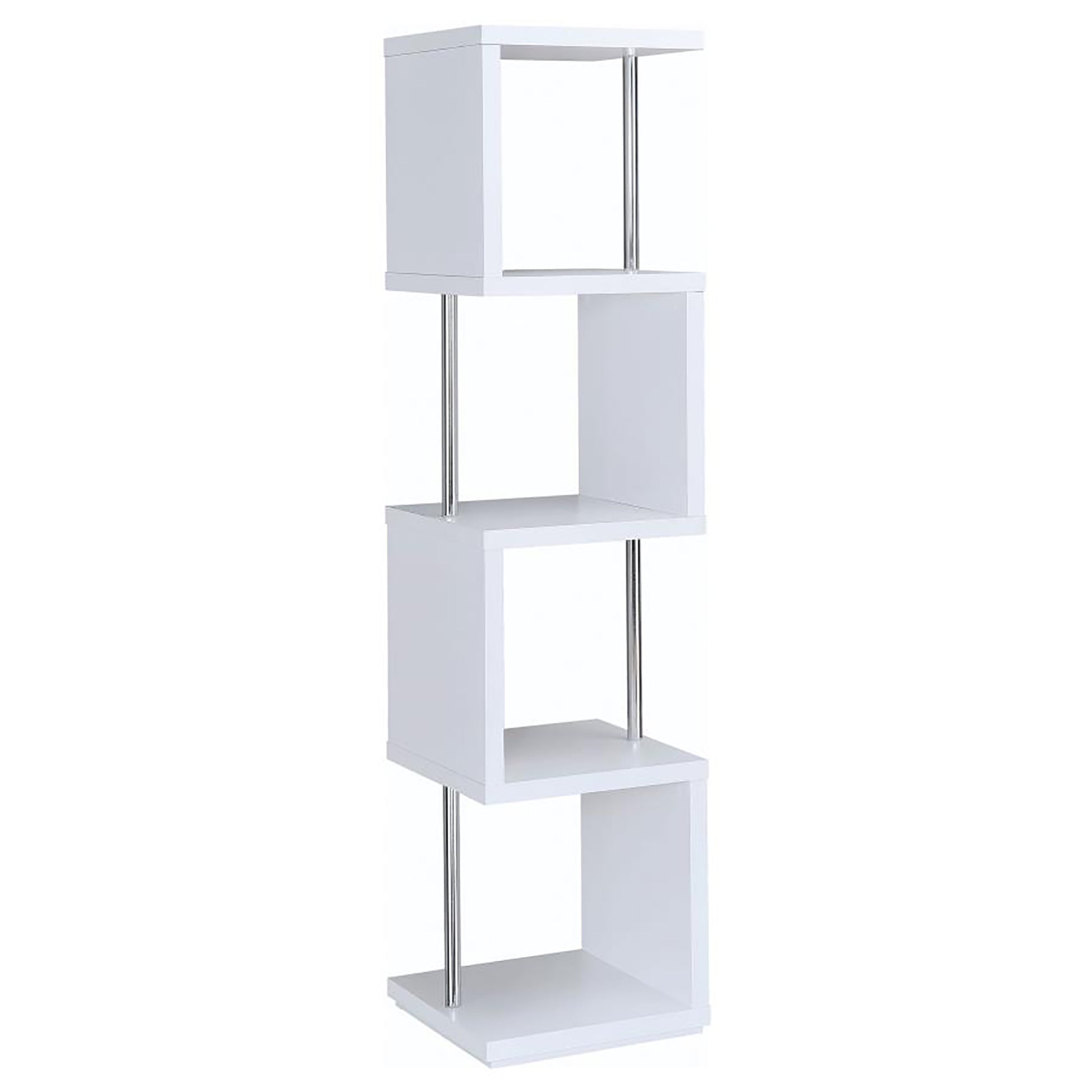 White fourtier zigzag bookshelf with chrome support rods