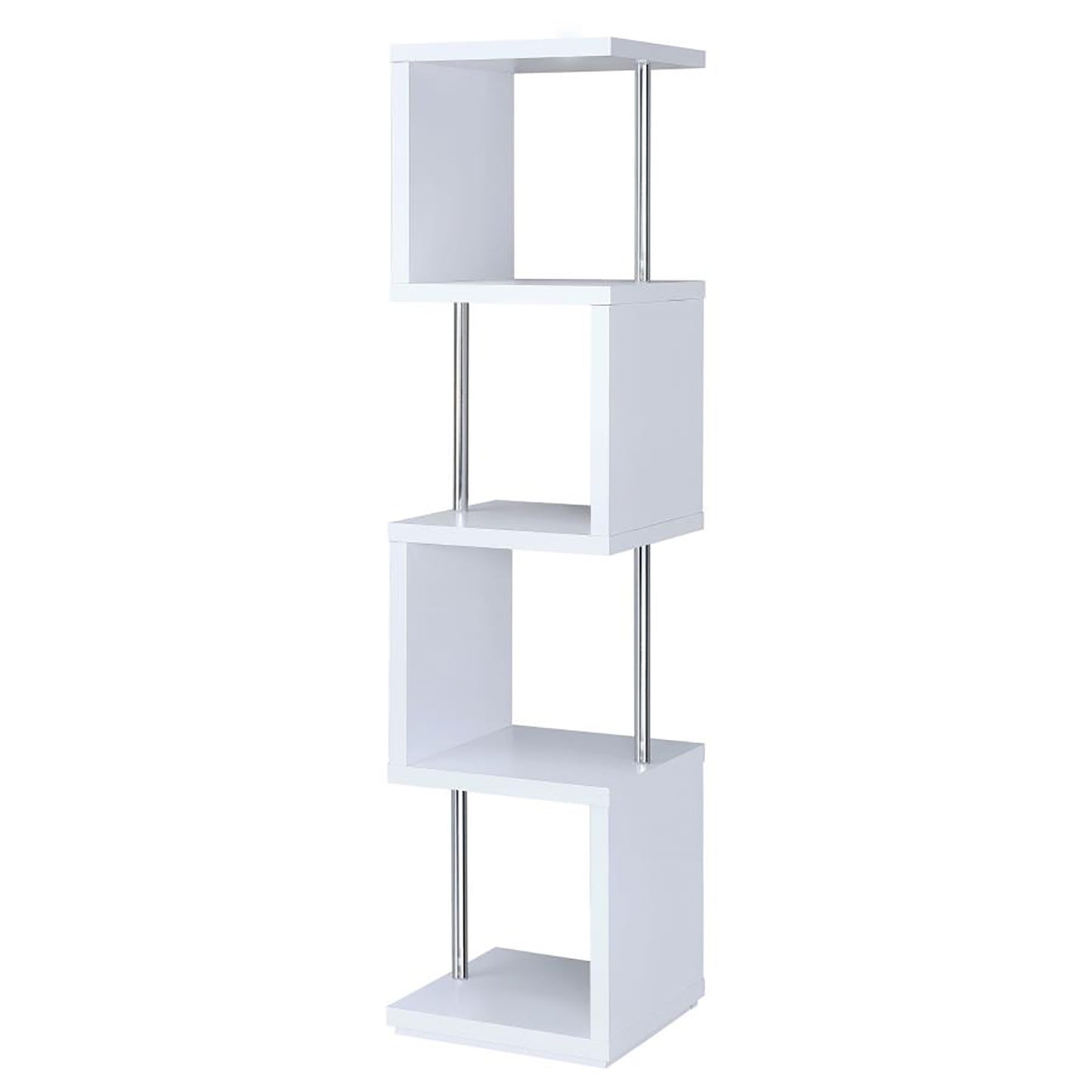 White zigzag bookshelf with four shelves and chrome accents