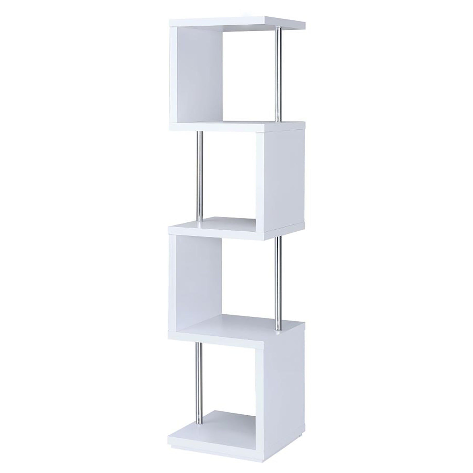 White zigzag bookshelf with four shelves and chrome accents