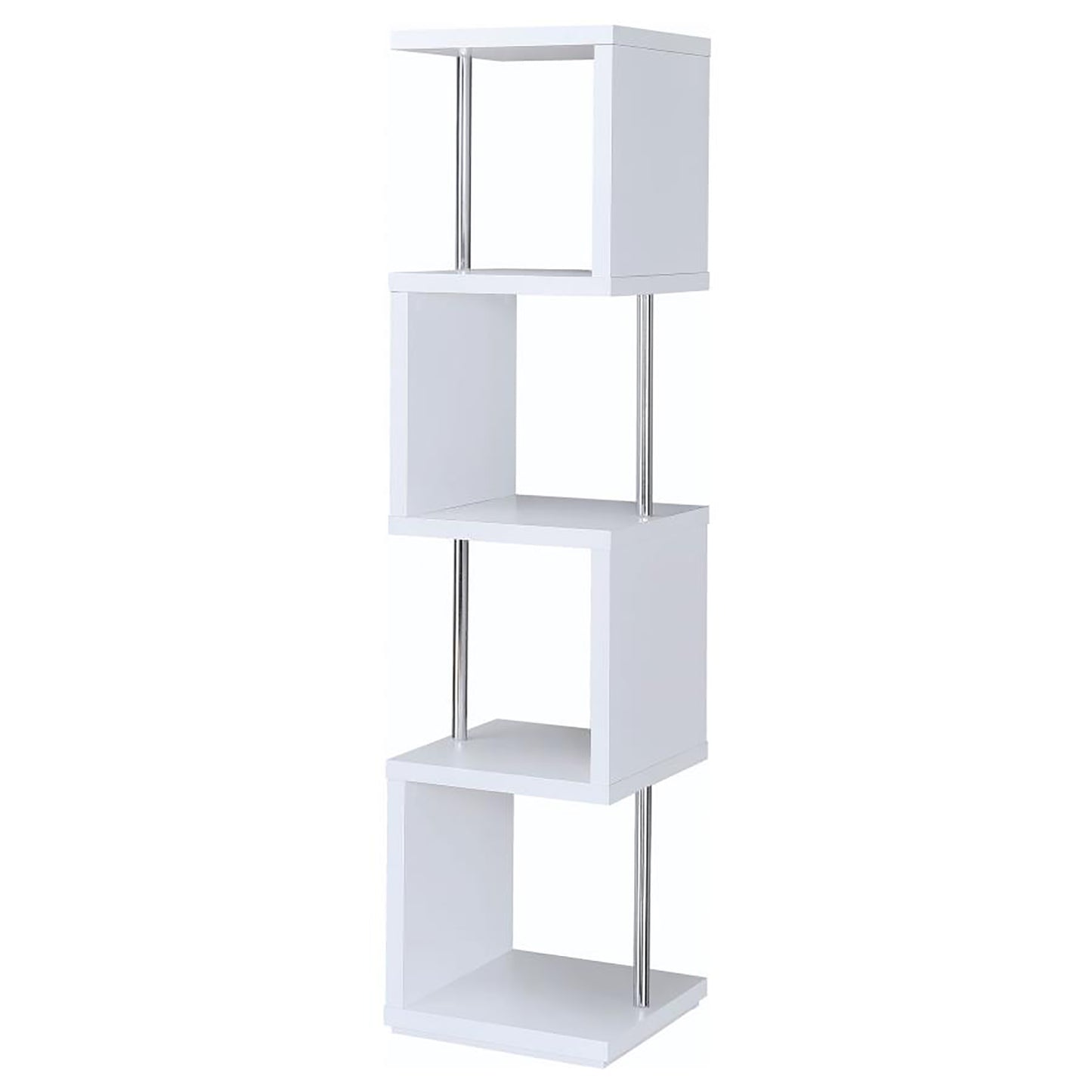 White modern tier zigzag bookshelf with chrome accents