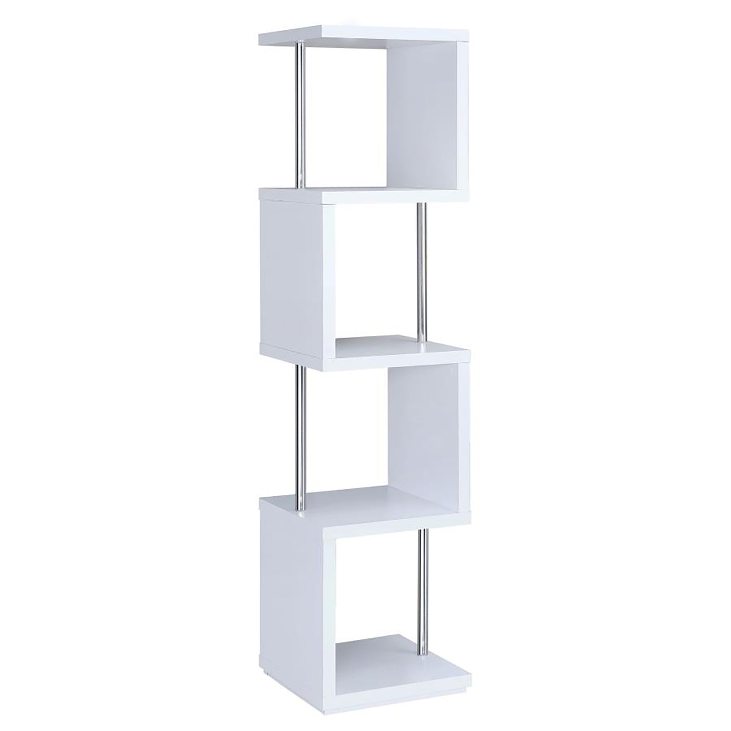 White modern Zshaped bookshelf with four tiers and chrome accents