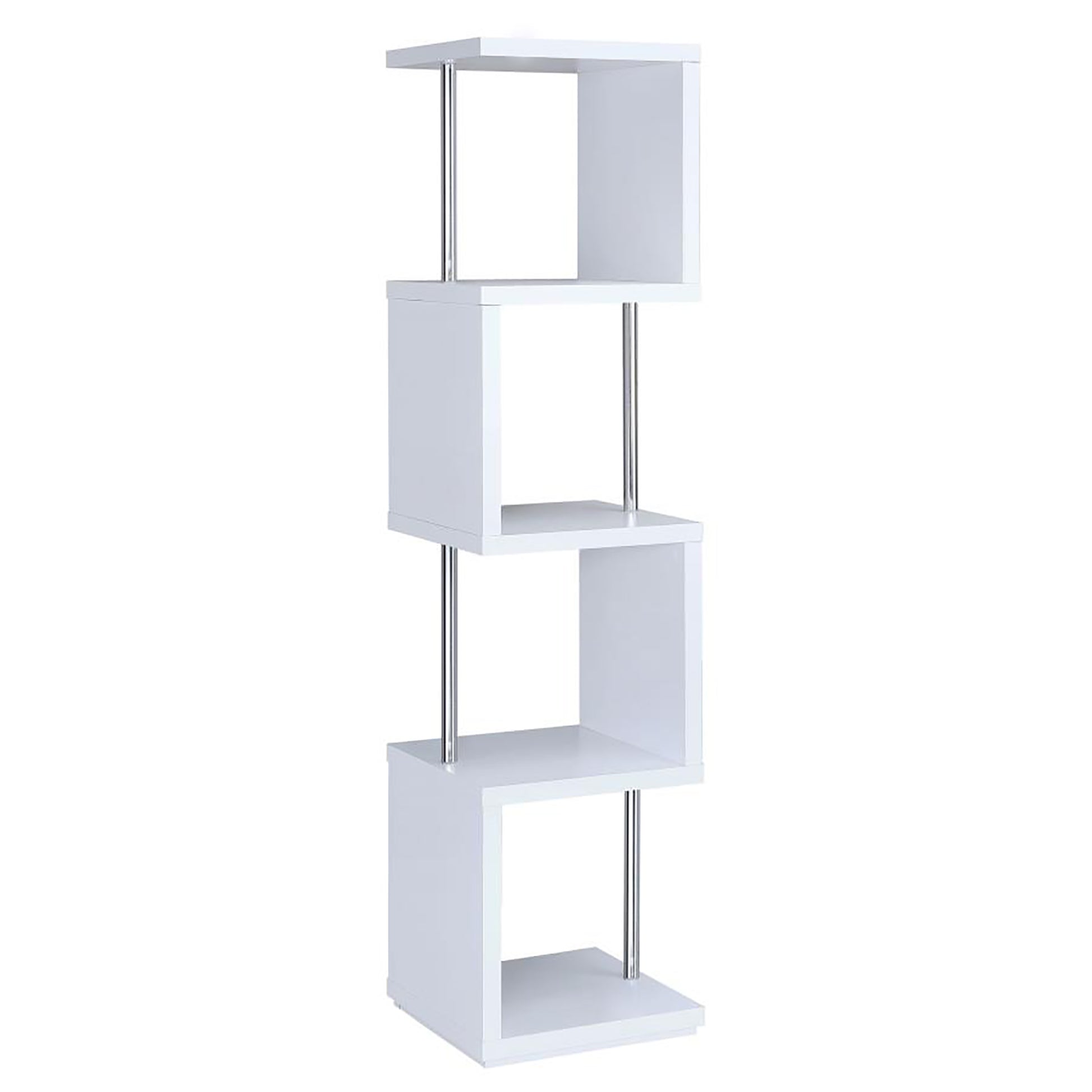 White modern Zshaped bookshelf with four tiers and chrome accents