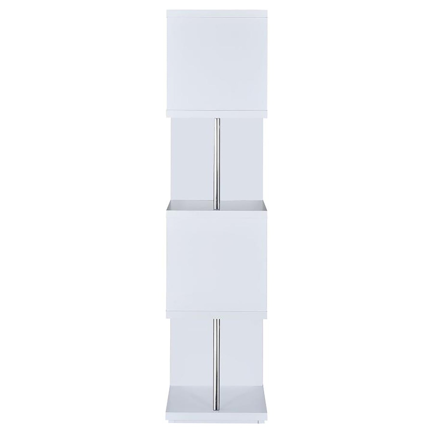 Modern white shelving unit with chrome accents
