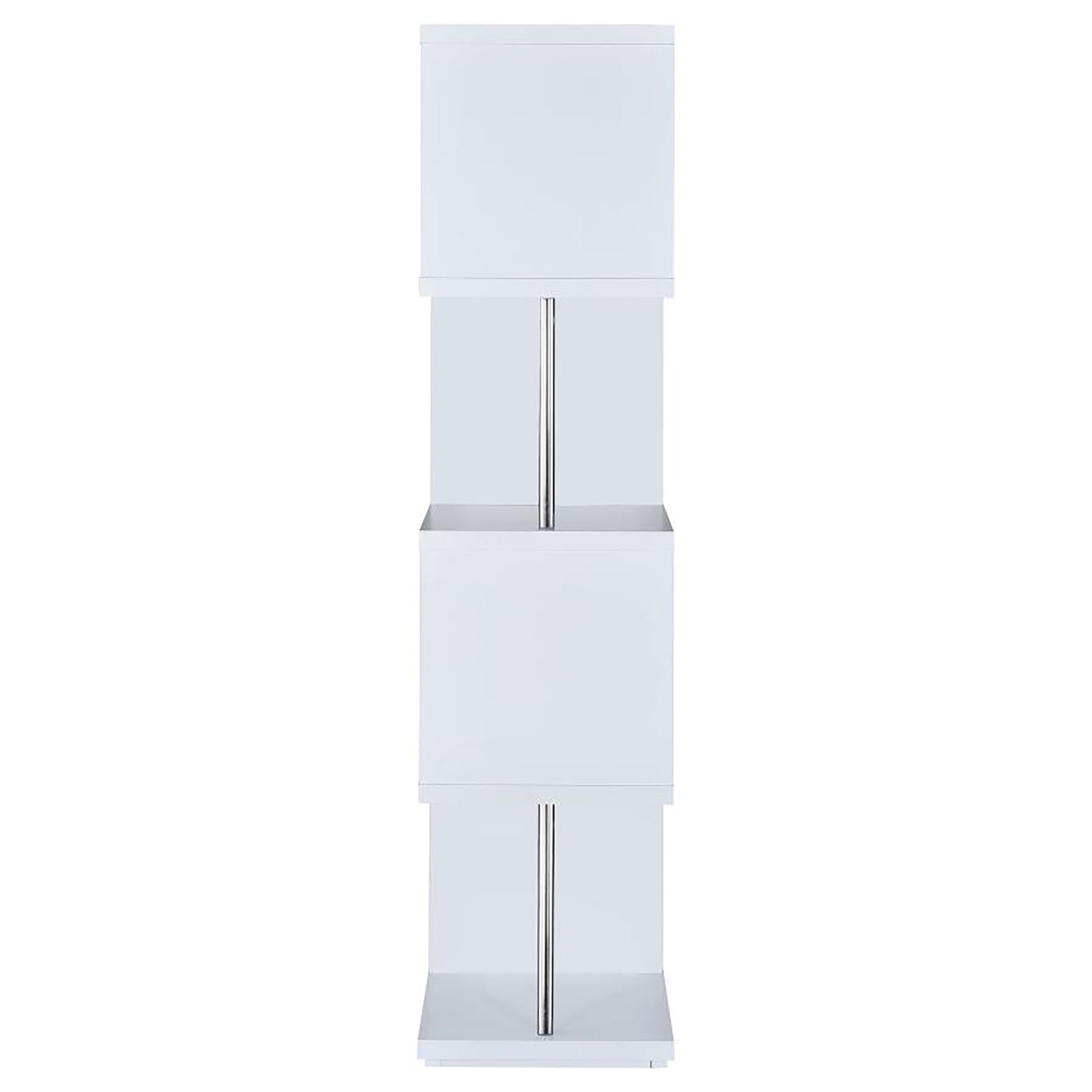 Modern white shelving unit with chrome accents