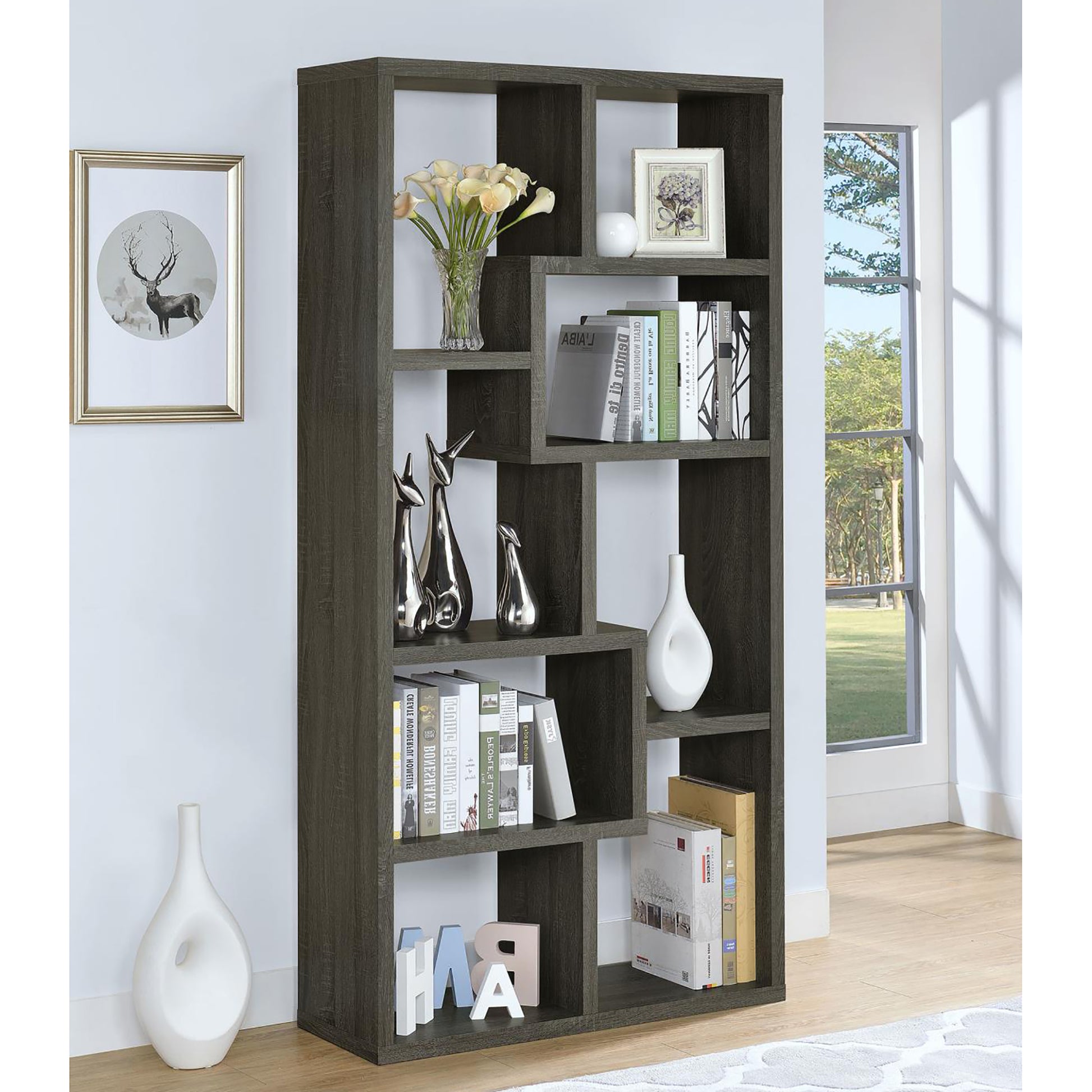 Modern gray wood open shelf bookshelf with staggered compartments