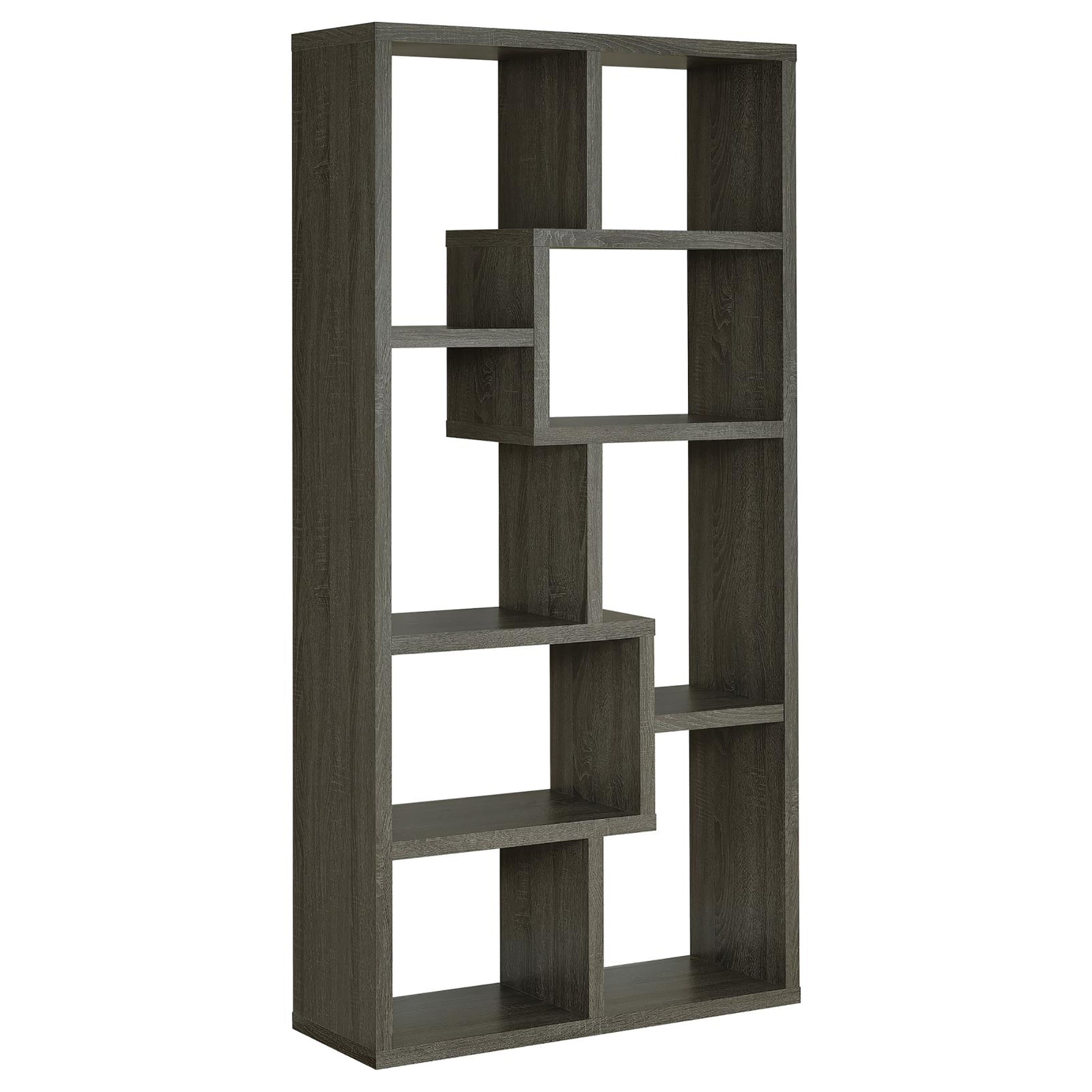 Modern grey wood open shelf bookcase with asymmetrical compartments
