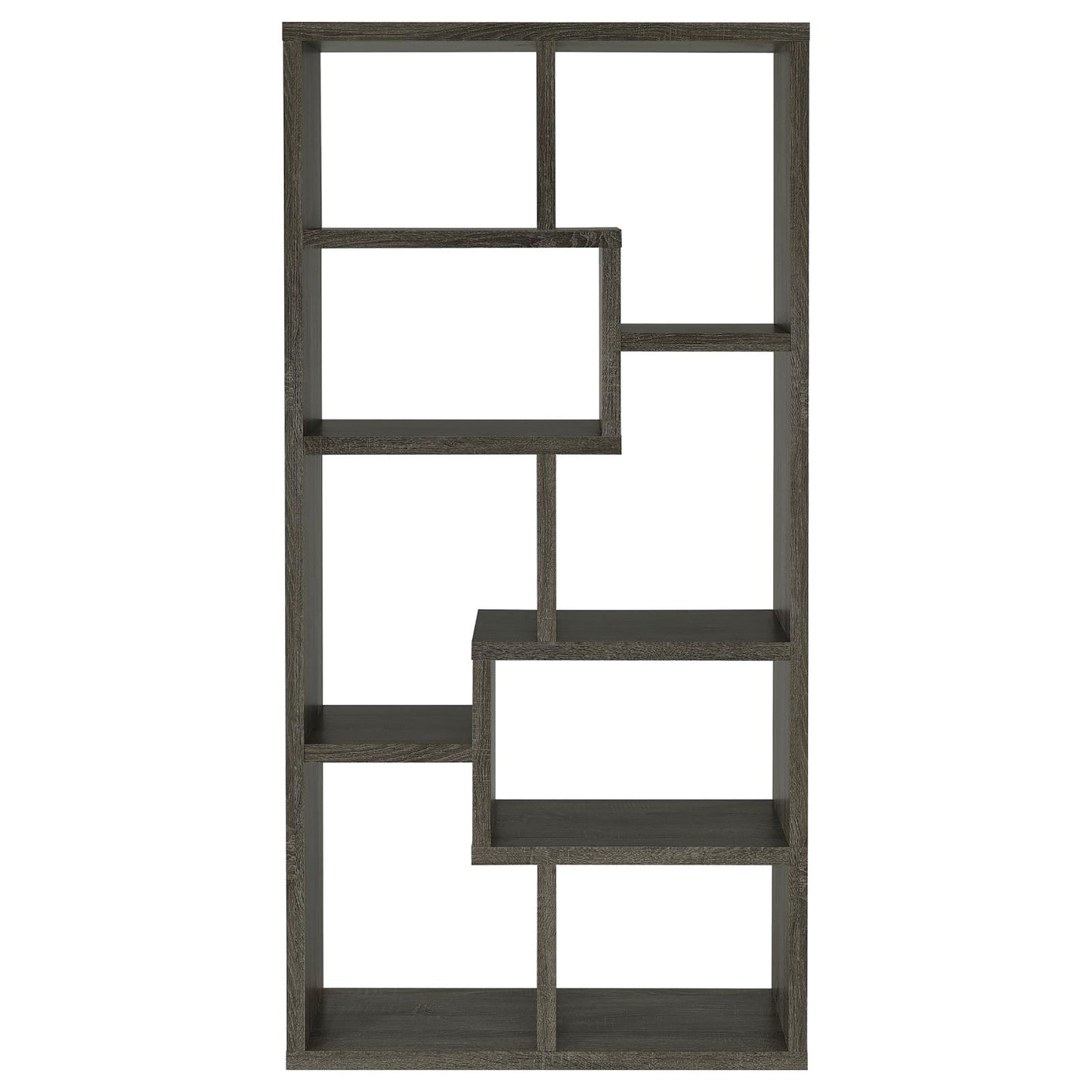 Modern grey oak bookshelf with staggered shelves for stylish display