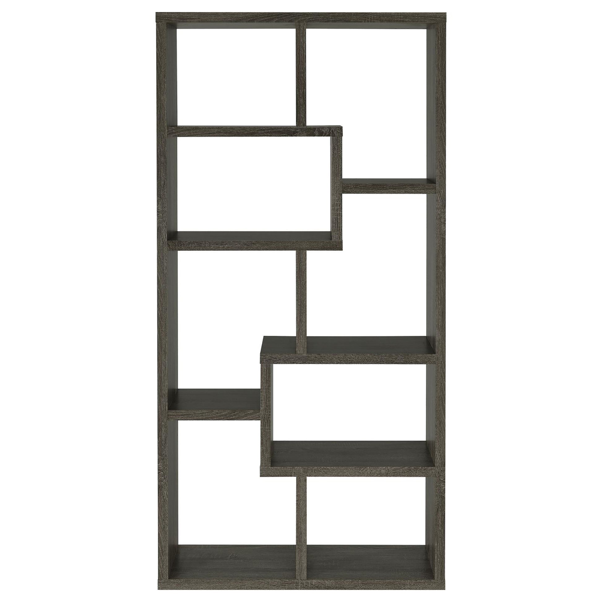 Modern grey oak bookshelf with staggered shelves for stylish display