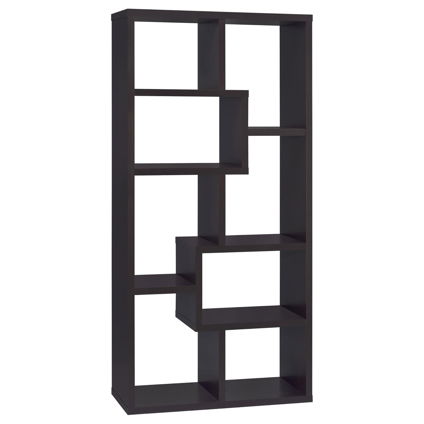 Dark brown modular bookshelf with geometric open shelving
