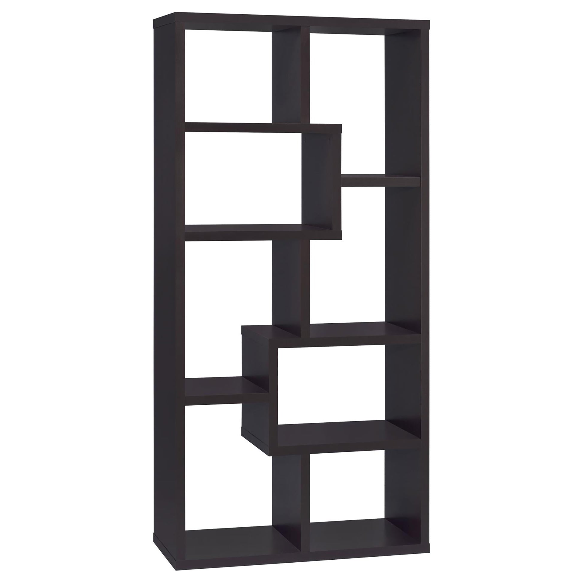 Dark brown modular bookshelf with geometric open shelving