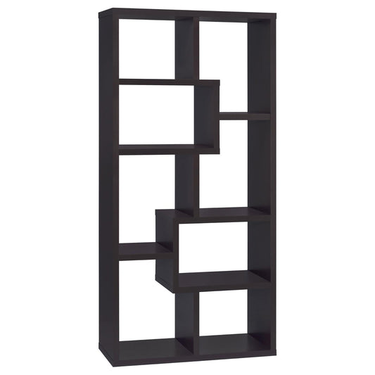 Dark brown modular bookshelf with geometric open shelving