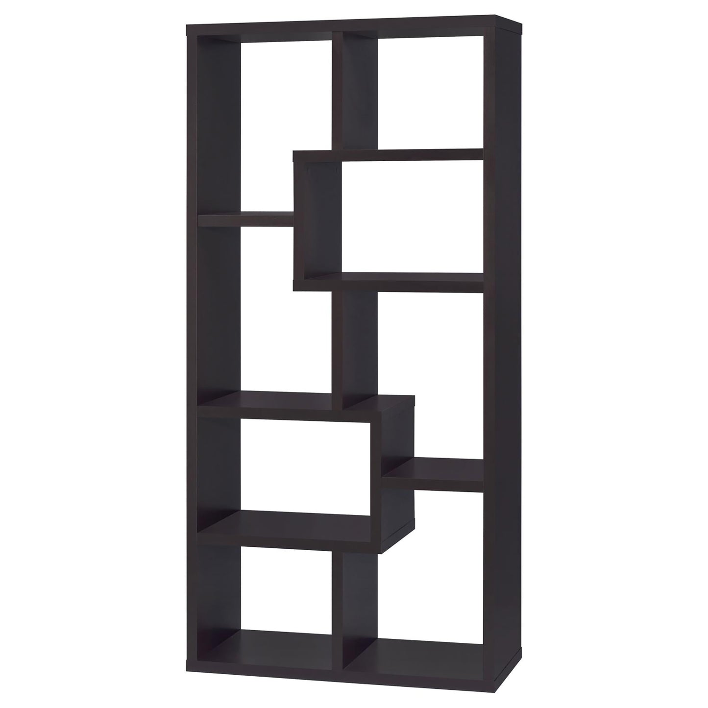 Dark brown modern ladder bookshelf with staggered shelves