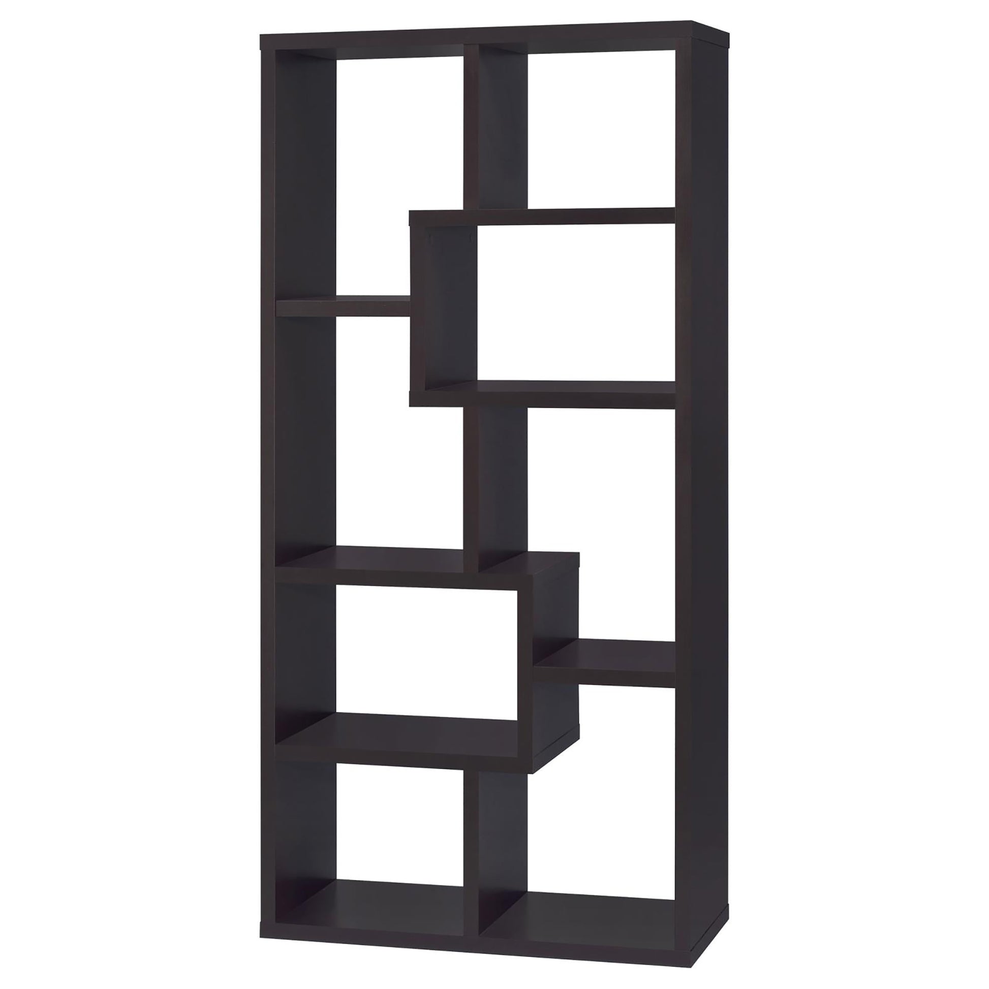 Dark brown modern ladder bookshelf with staggered shelves
