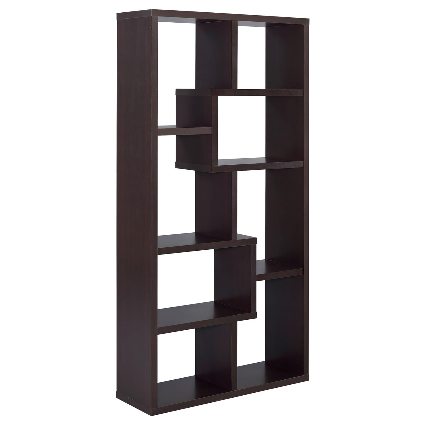 Dark brown wooden shelving unit with asymmetrical compartments for storage