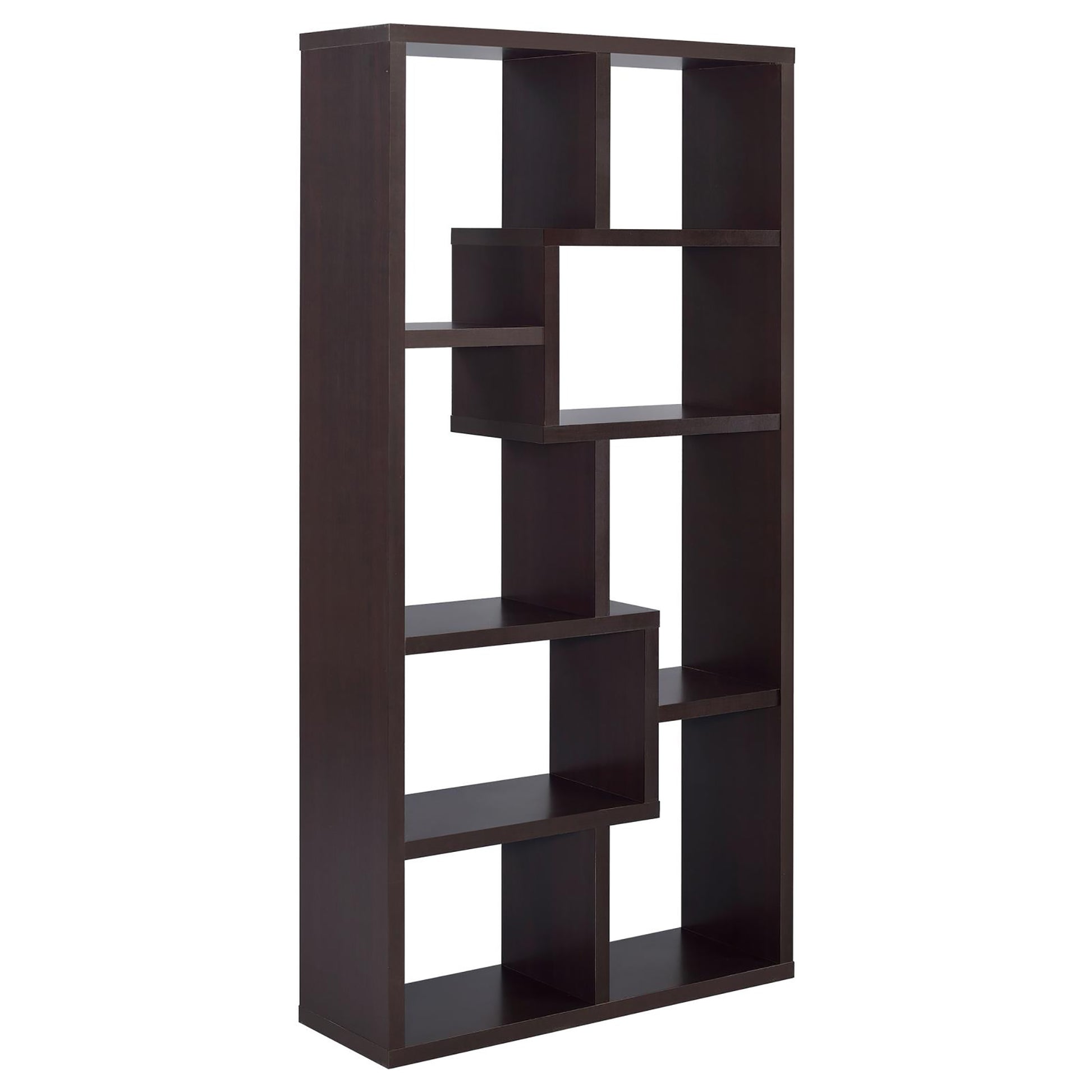 Dark brown wooden shelving unit with asymmetrical compartments for storage