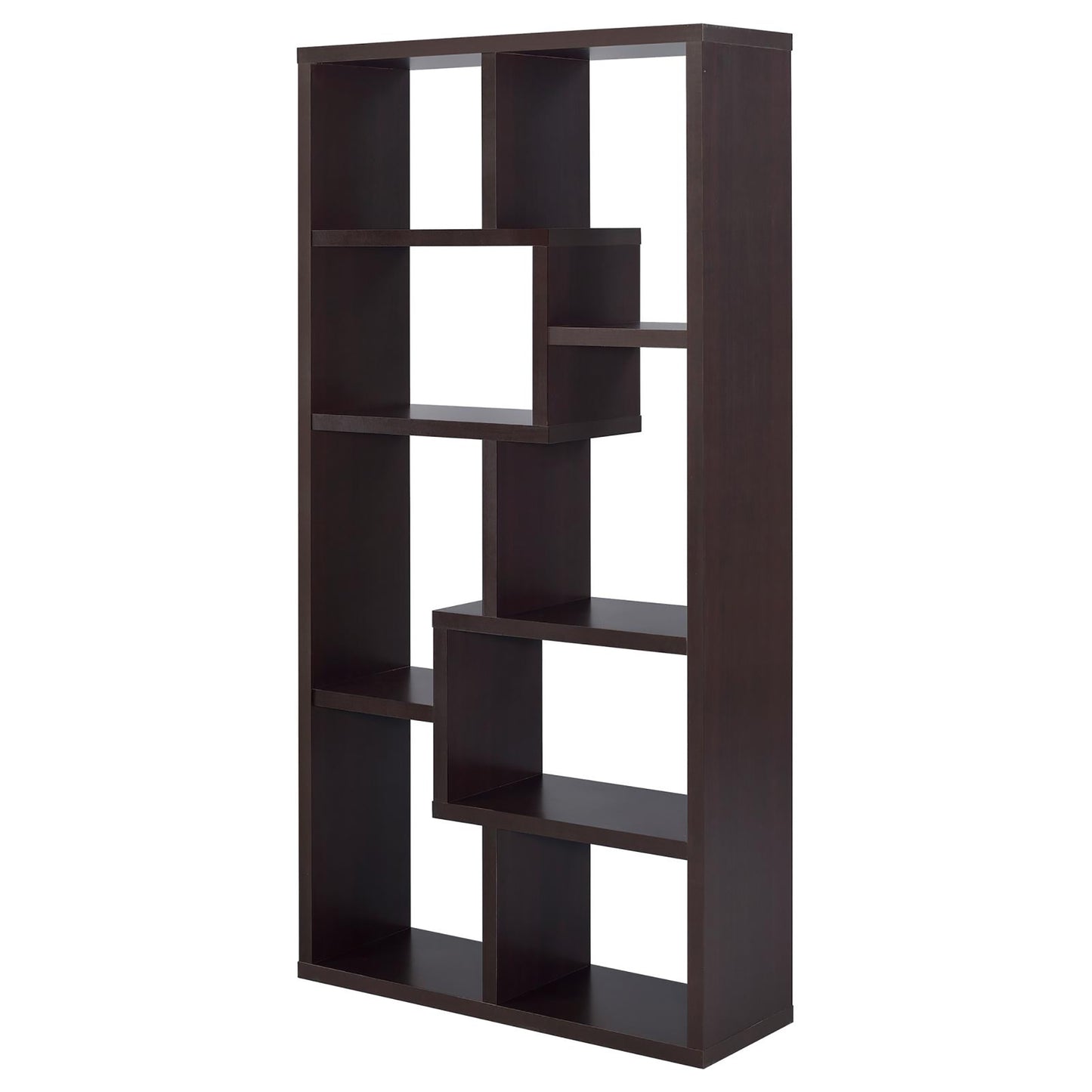 Dark brown modern geometric bookshelf with multiple open compartments