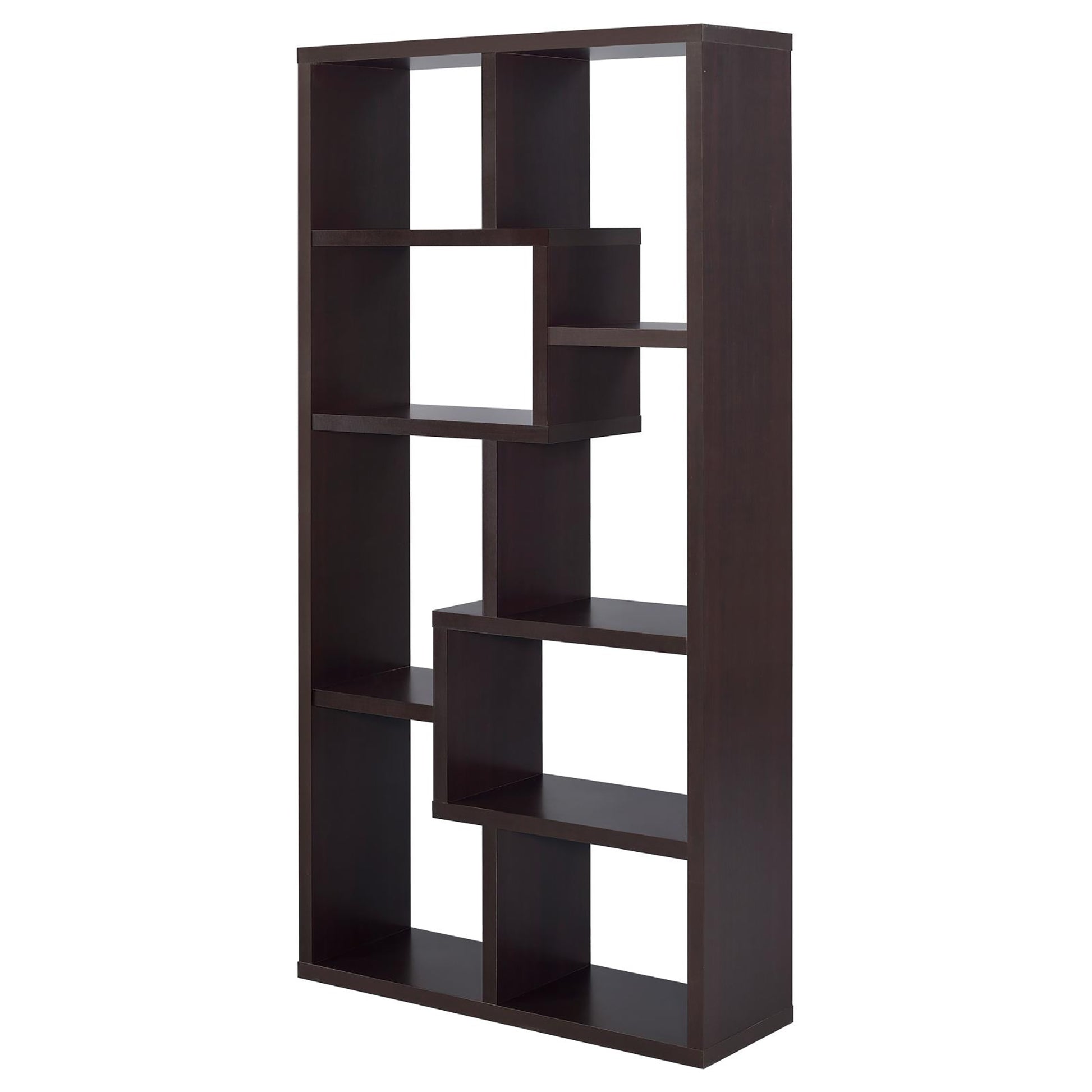 Dark brown modern geometric bookshelf with multiple open compartments