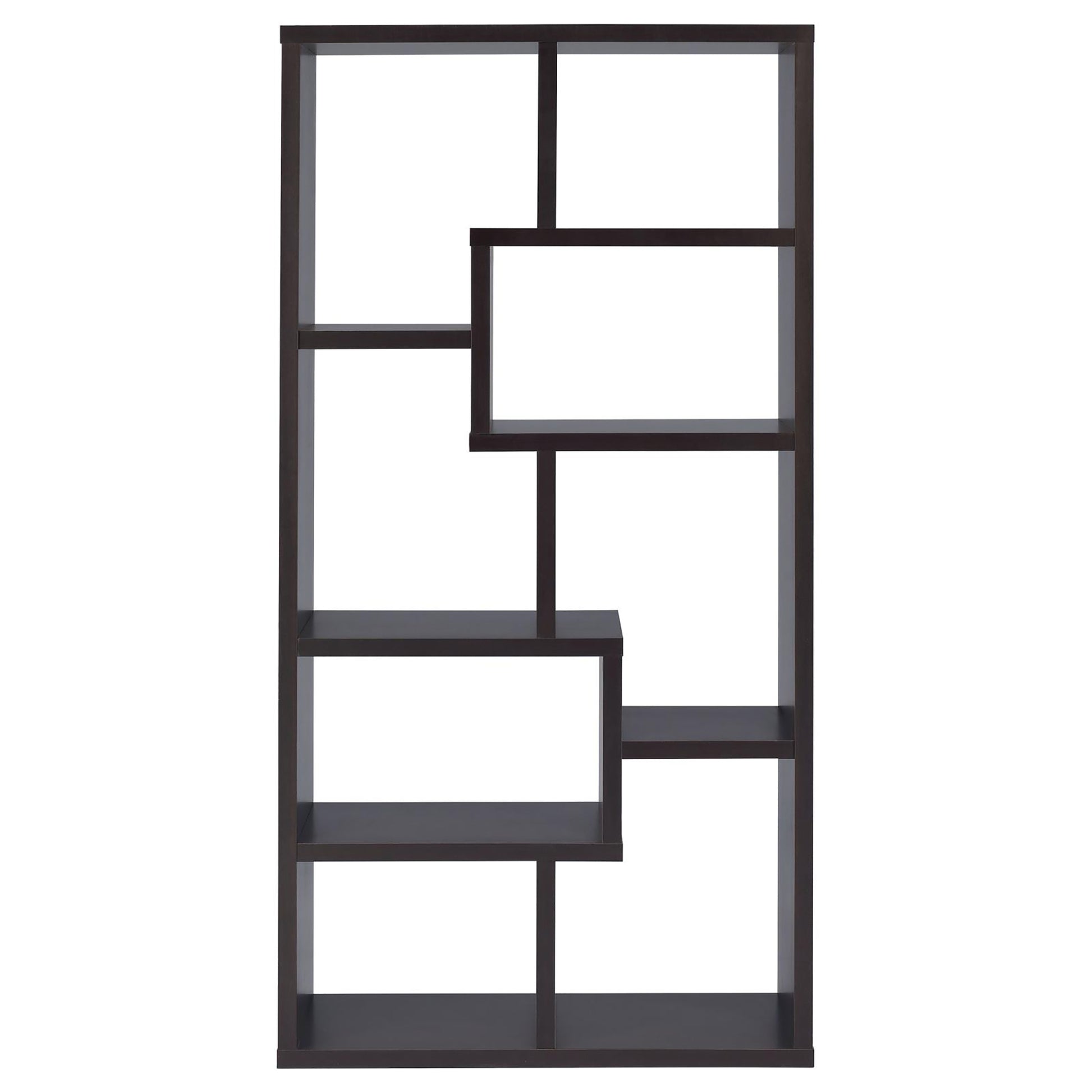 Dark brown modern bookshelf with staggered shelves