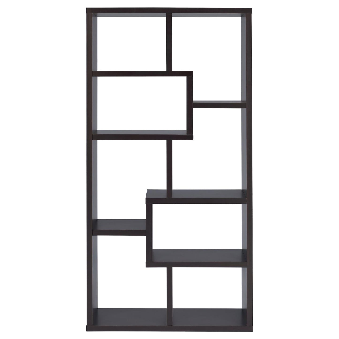 Dark brown modern bookshelf with staggered shelves