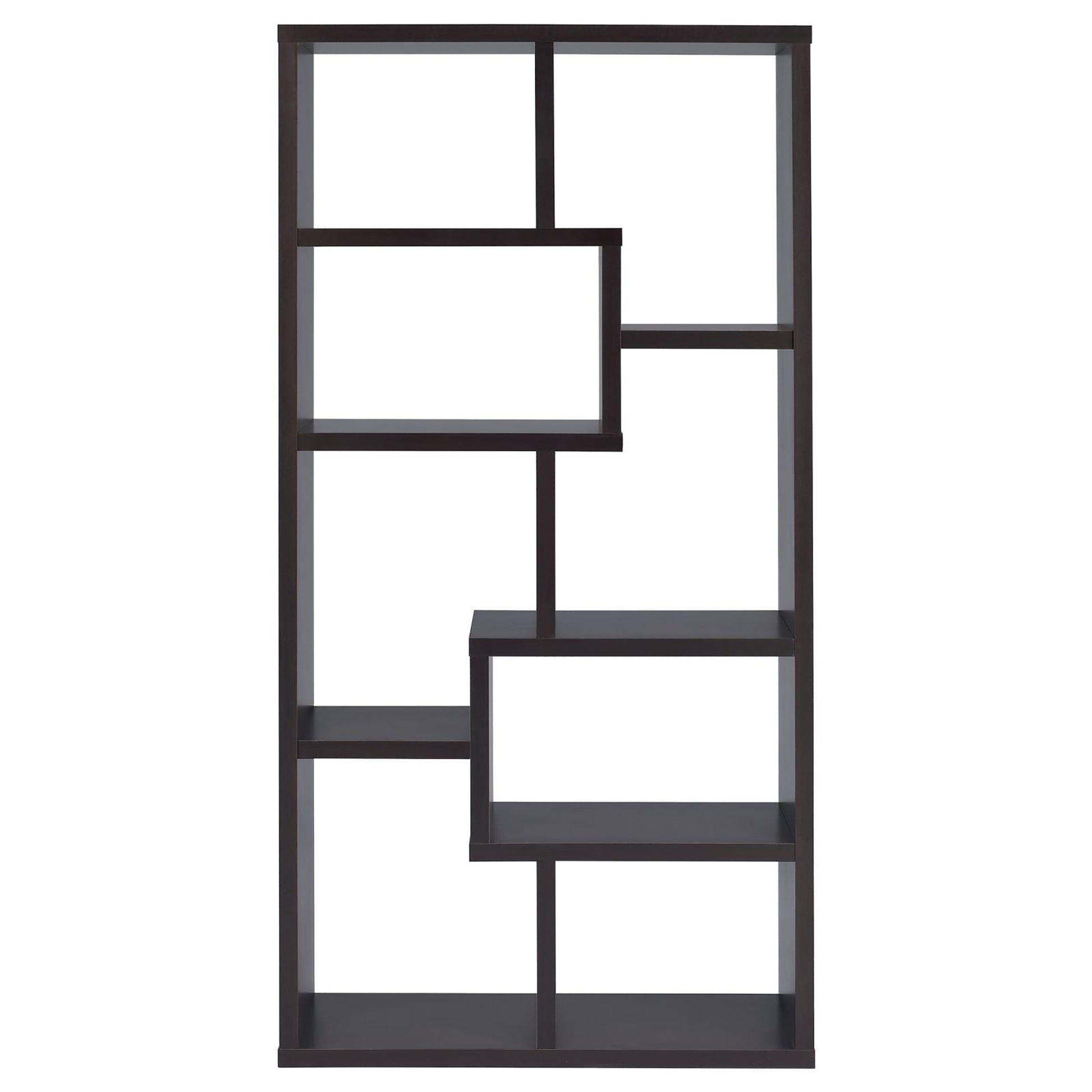 Dark brown modern bookshelf with staggered shelves