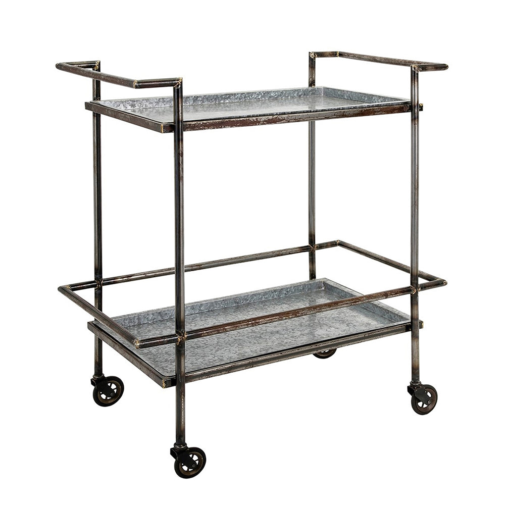 Rustic twotier metal bar cart with galvanized trays and black wheels