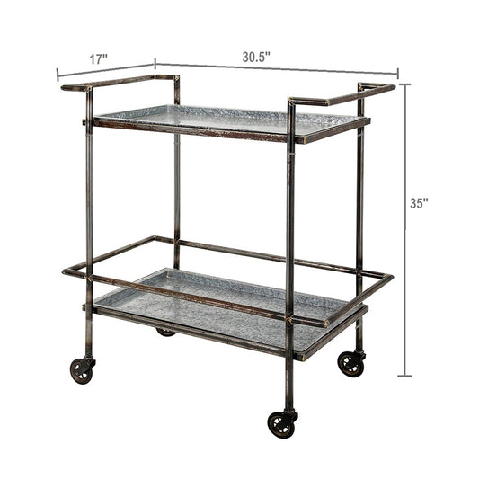 Rustic industrial bar cart with two galvanized metal shelves and black metal frame