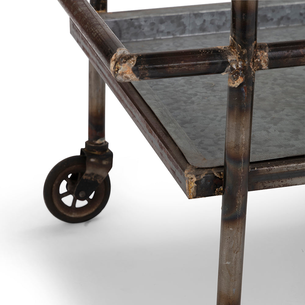 Industrial metal bar cart with galvanized trays and caster wheels
