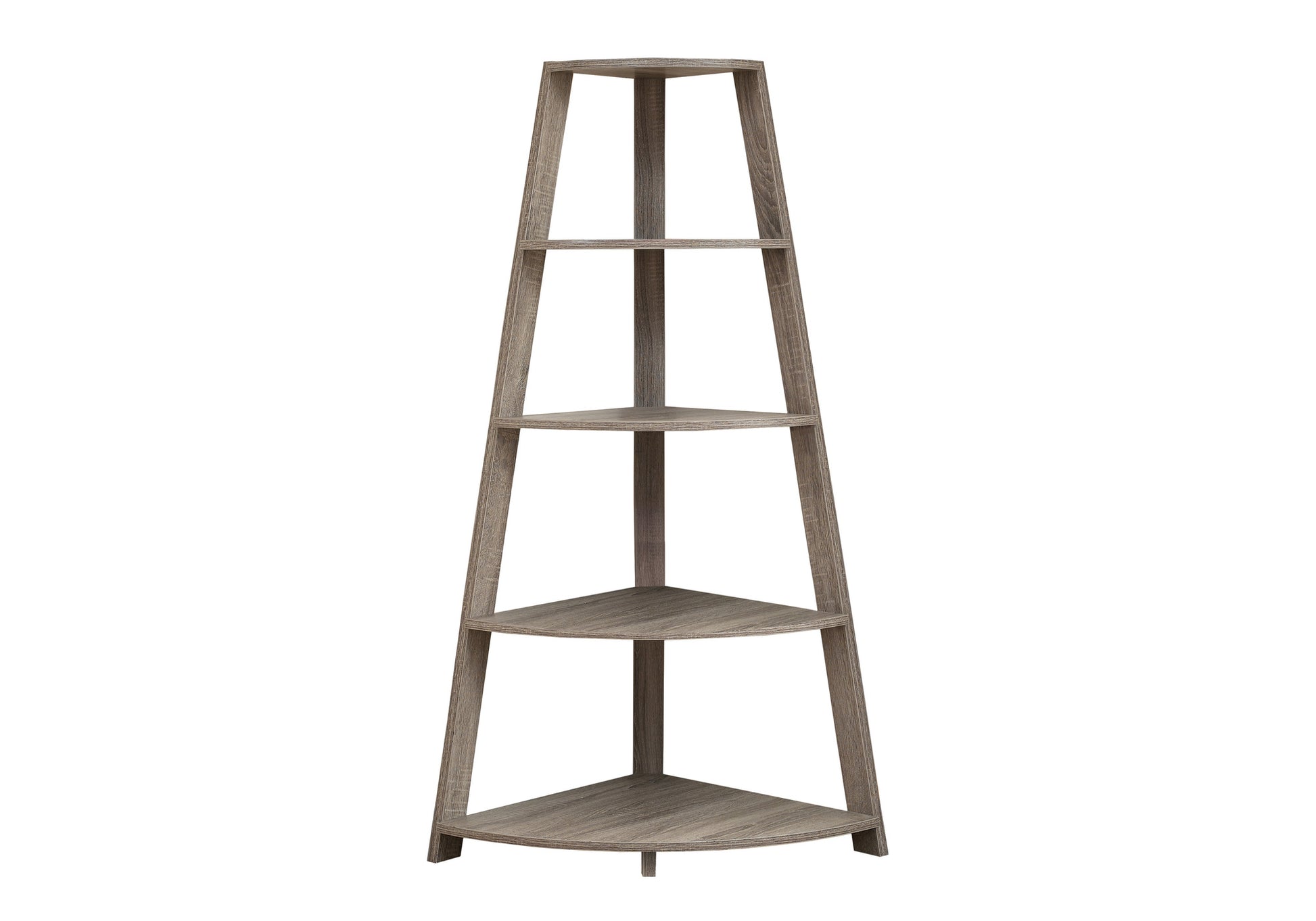 Tall grey wood fivetier corner shelf for living room decor