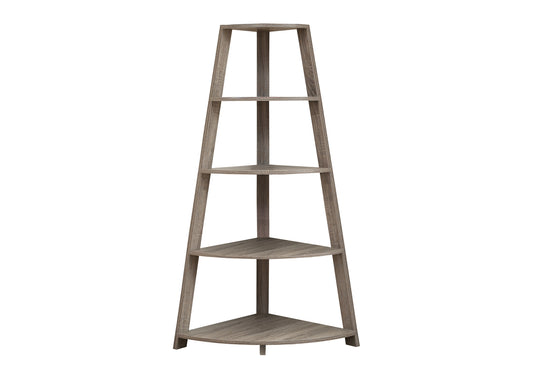 Tall grey wood fivetier corner shelf for living room decor