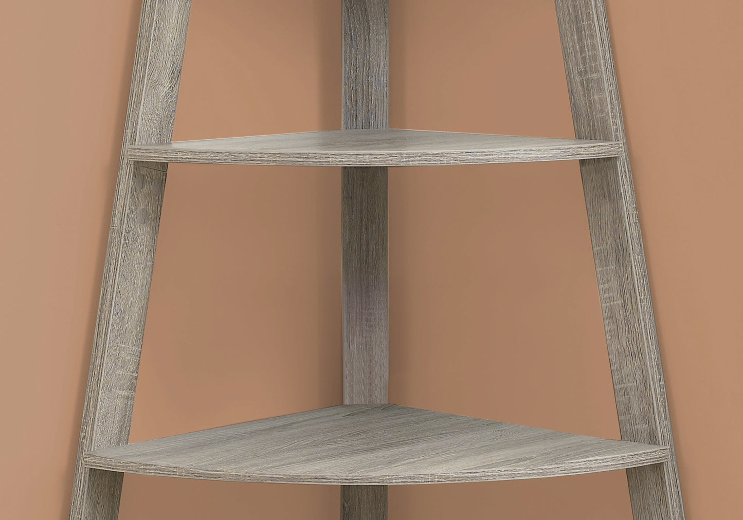 Grey wood finish corner shelving unit with three tiers