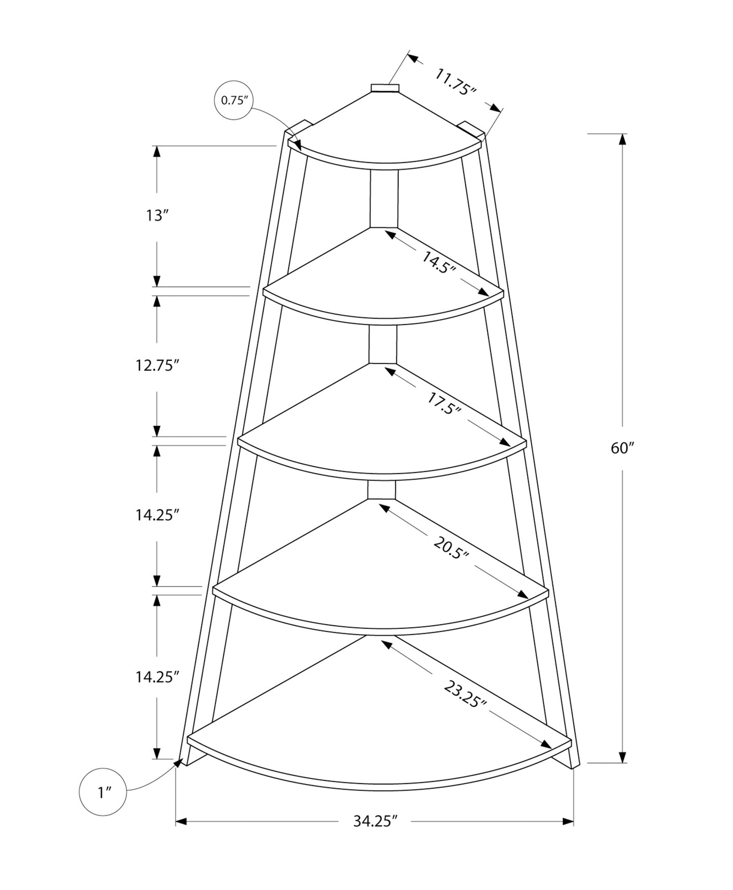 Diagram of a tier corner shelf unit with dimensions