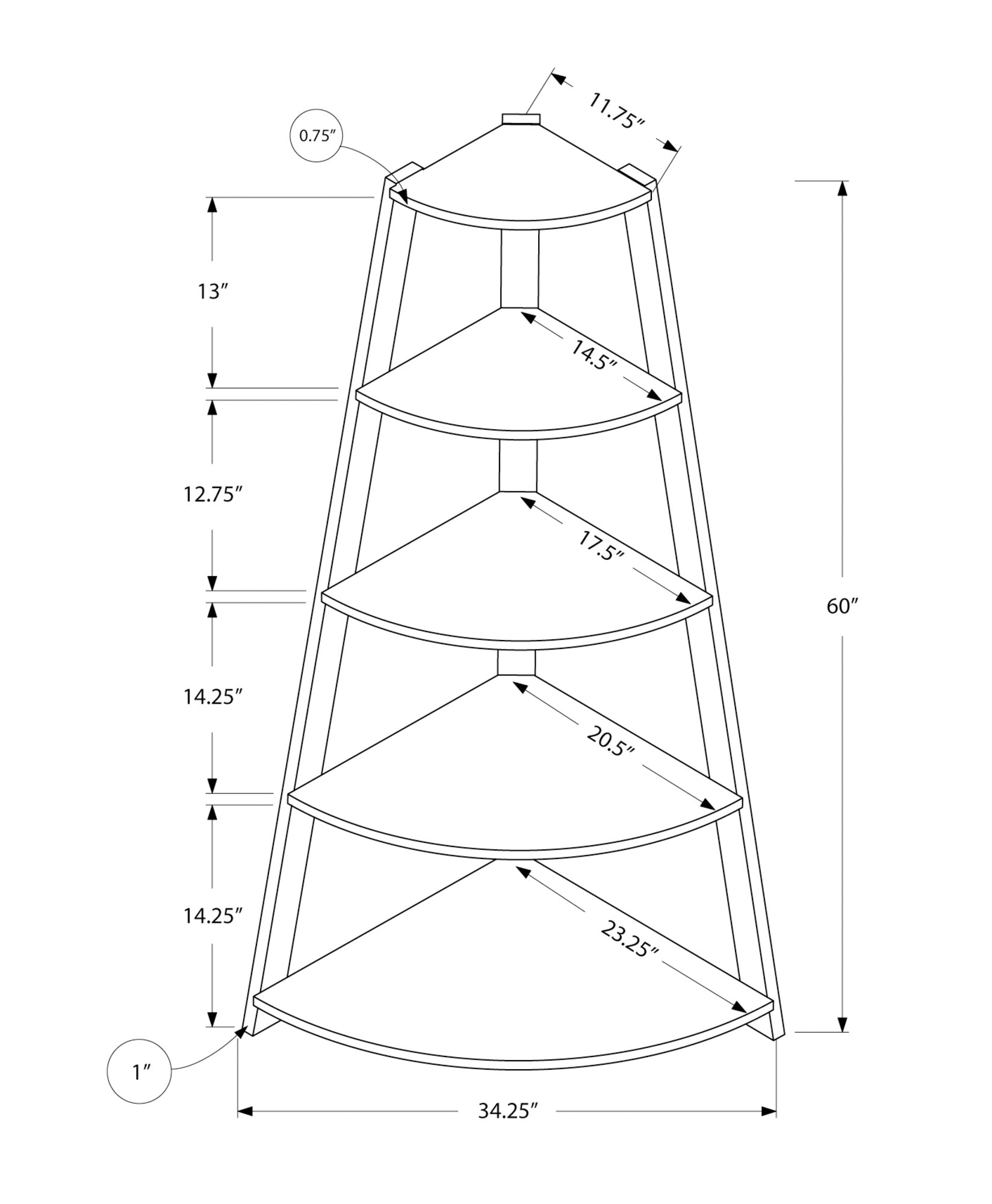 Diagram of a tier corner shelf unit with dimensions