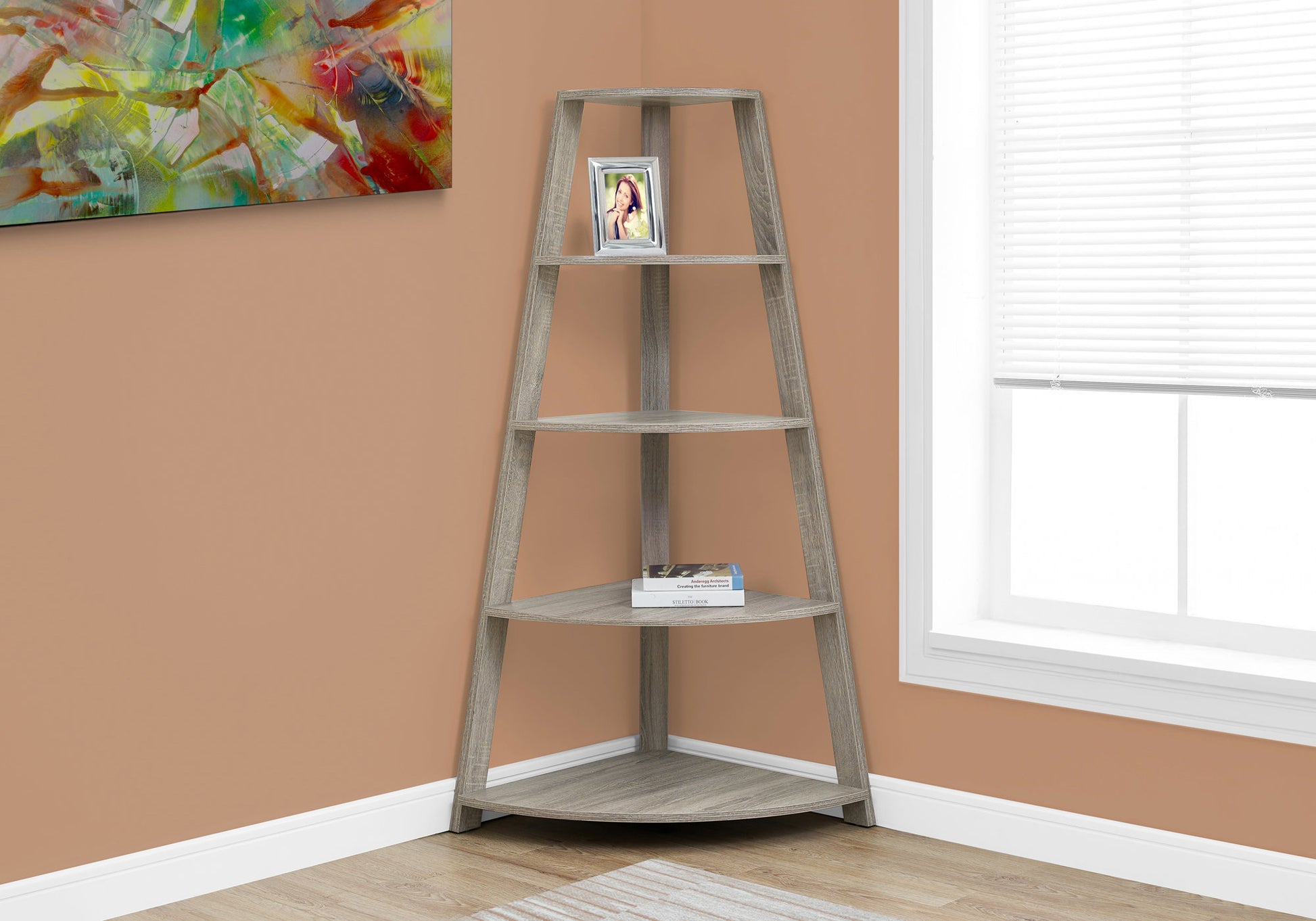 Rustic grey wood fivetier corner shelf with decorative items  characters