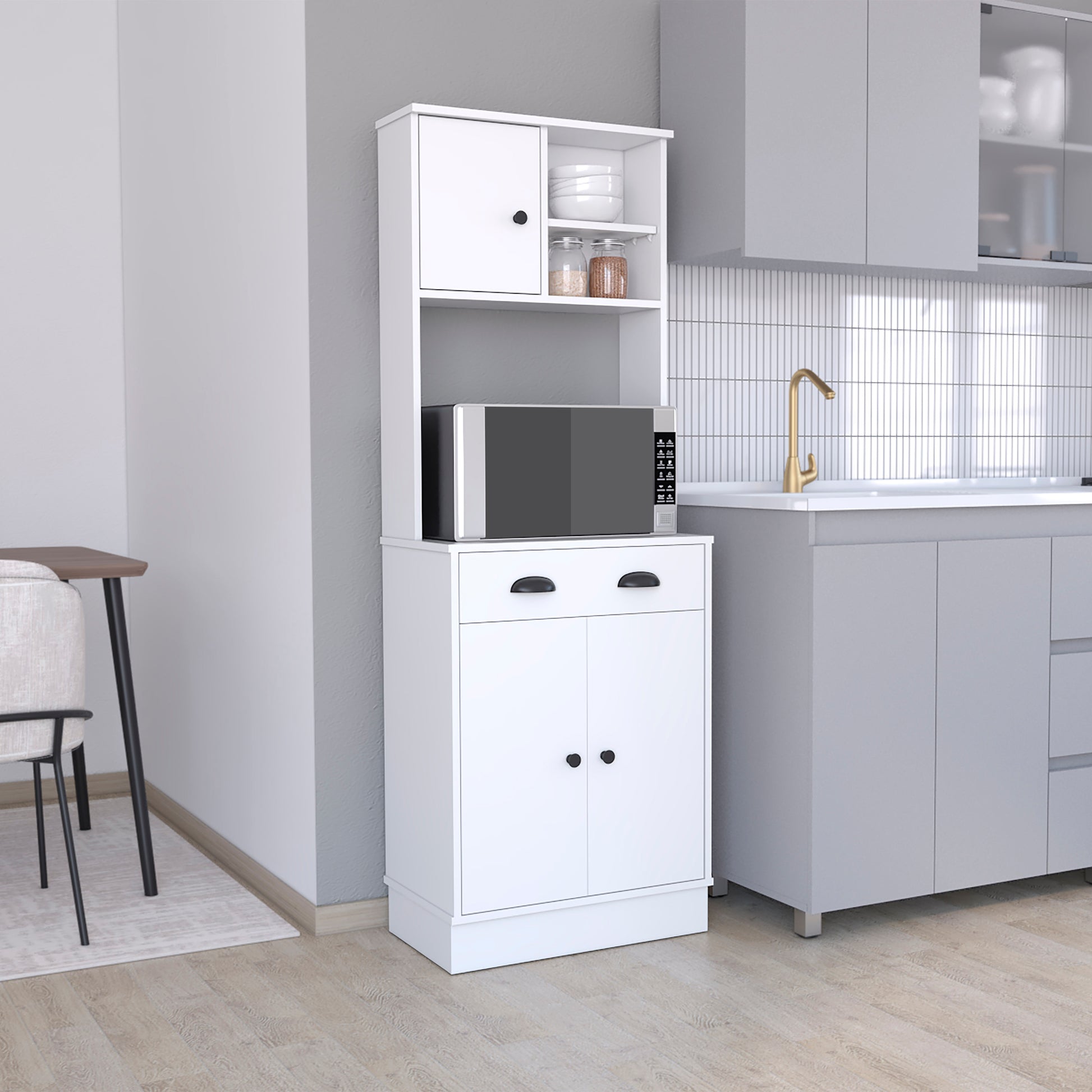 White kitchen bakers rack with microwave shelf and cabinet storage
