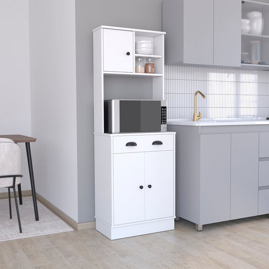 White kitchen bakers rack with microwave shelf and cabinet storage