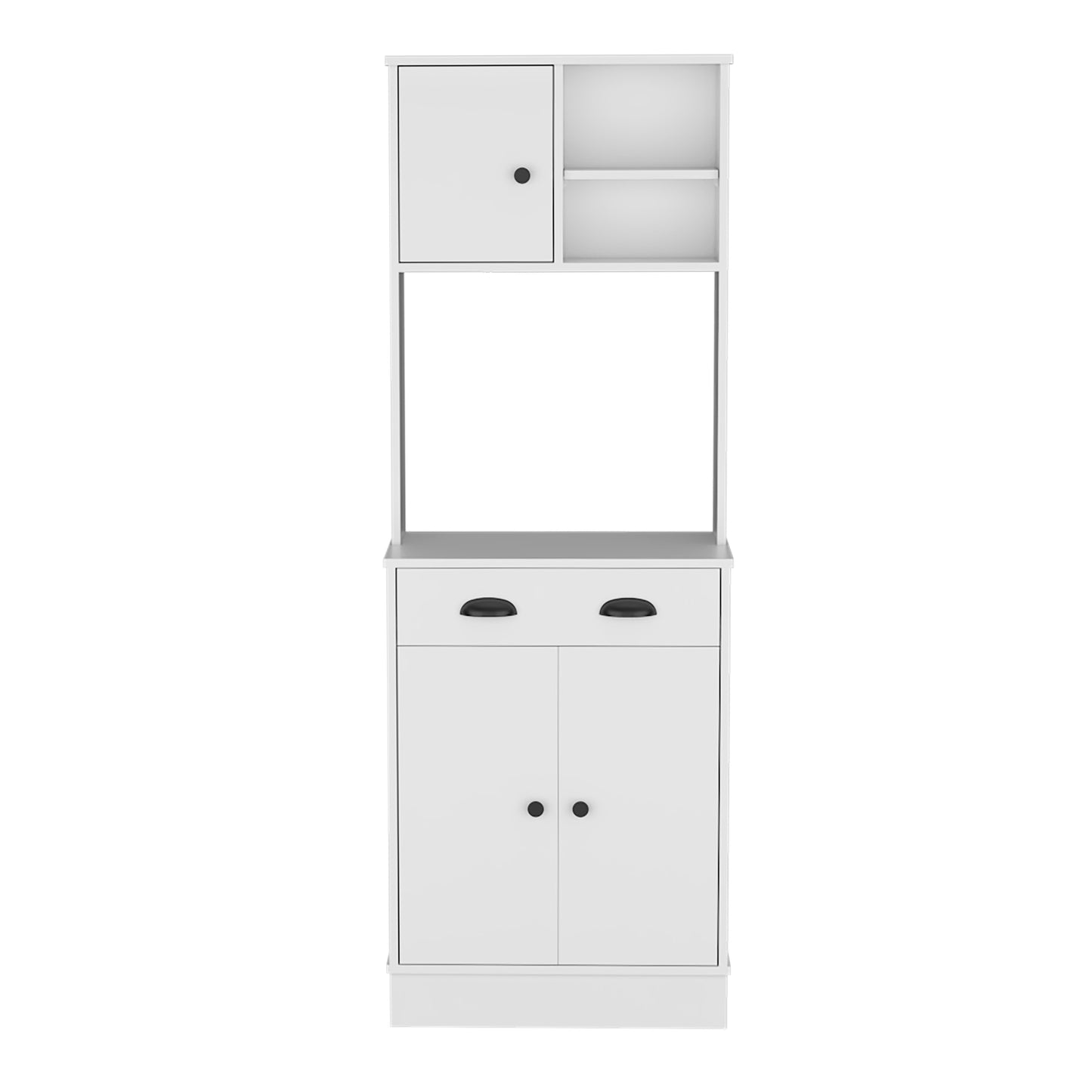 White kitchen bakers rack with two drawers and cabinets