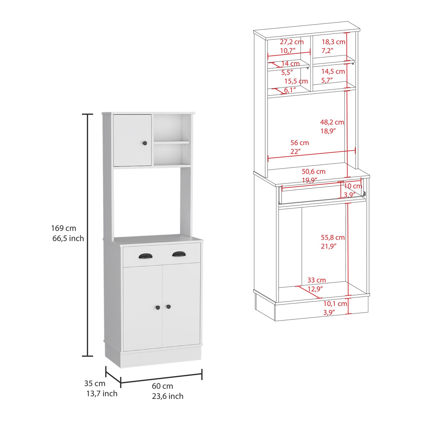 White kitchen pantry cabinet with open shelving and two lower cabinet doors
