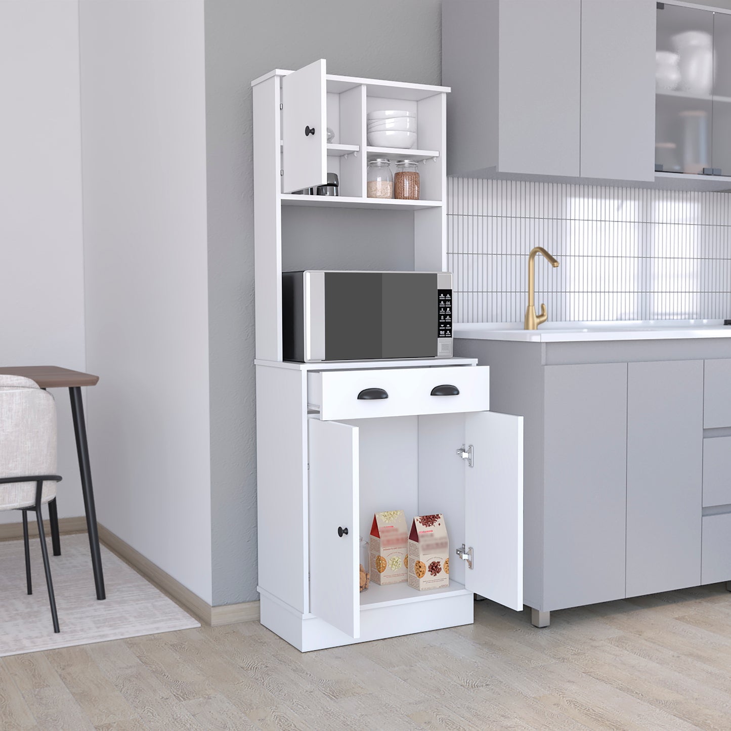 White kitchen pantry cabinet with microwave shelf and storage doors