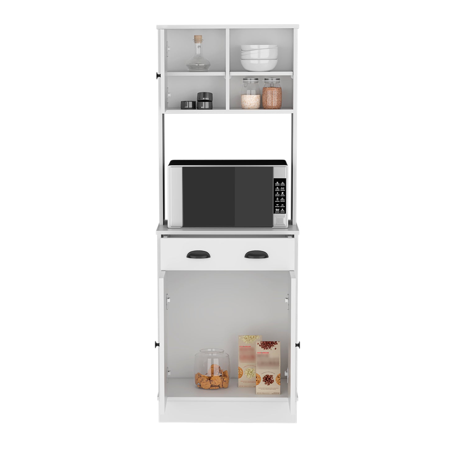 White kitchen pantry cabinet with microwave shelf