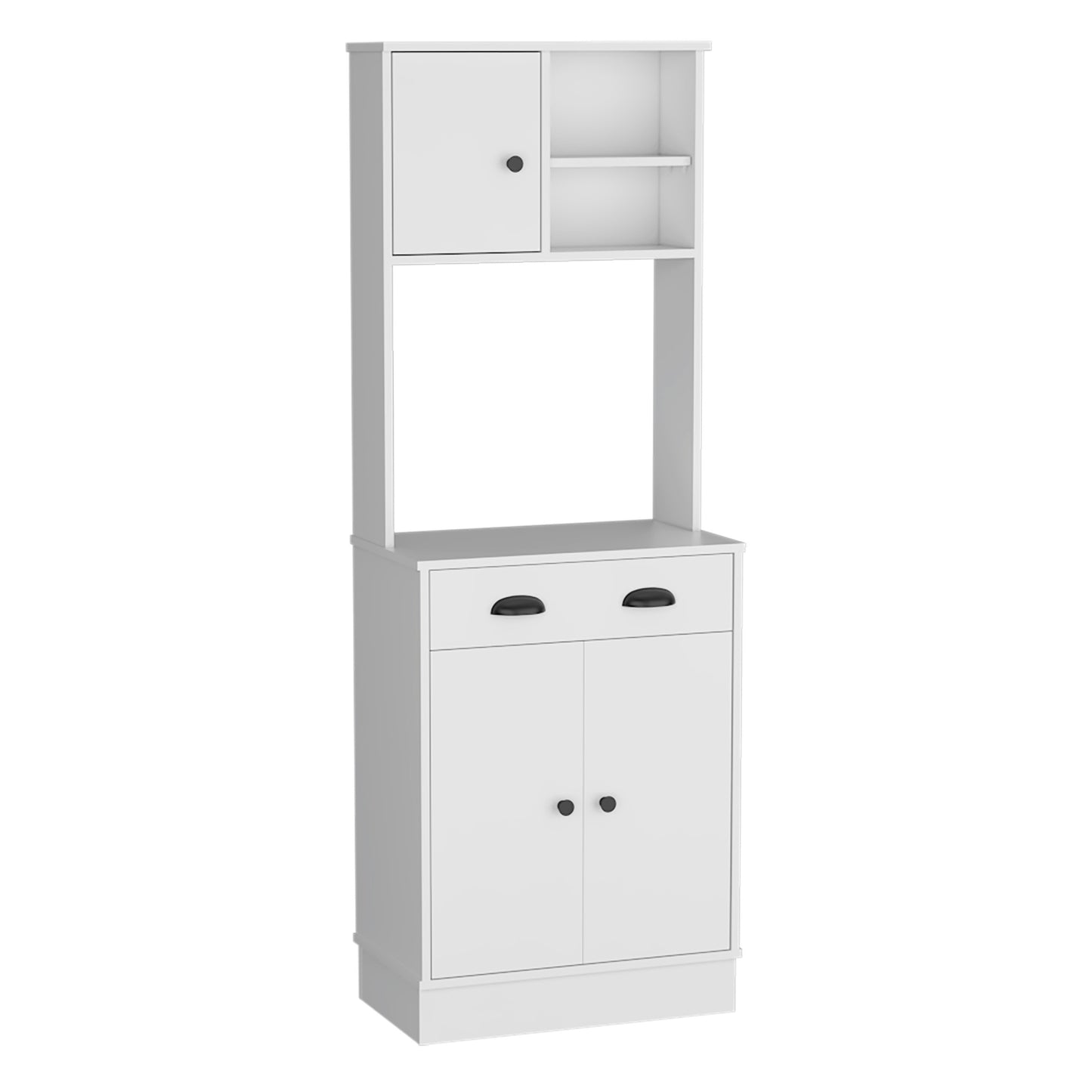 White kitchen bakers rack with cabinet doors and open shelves