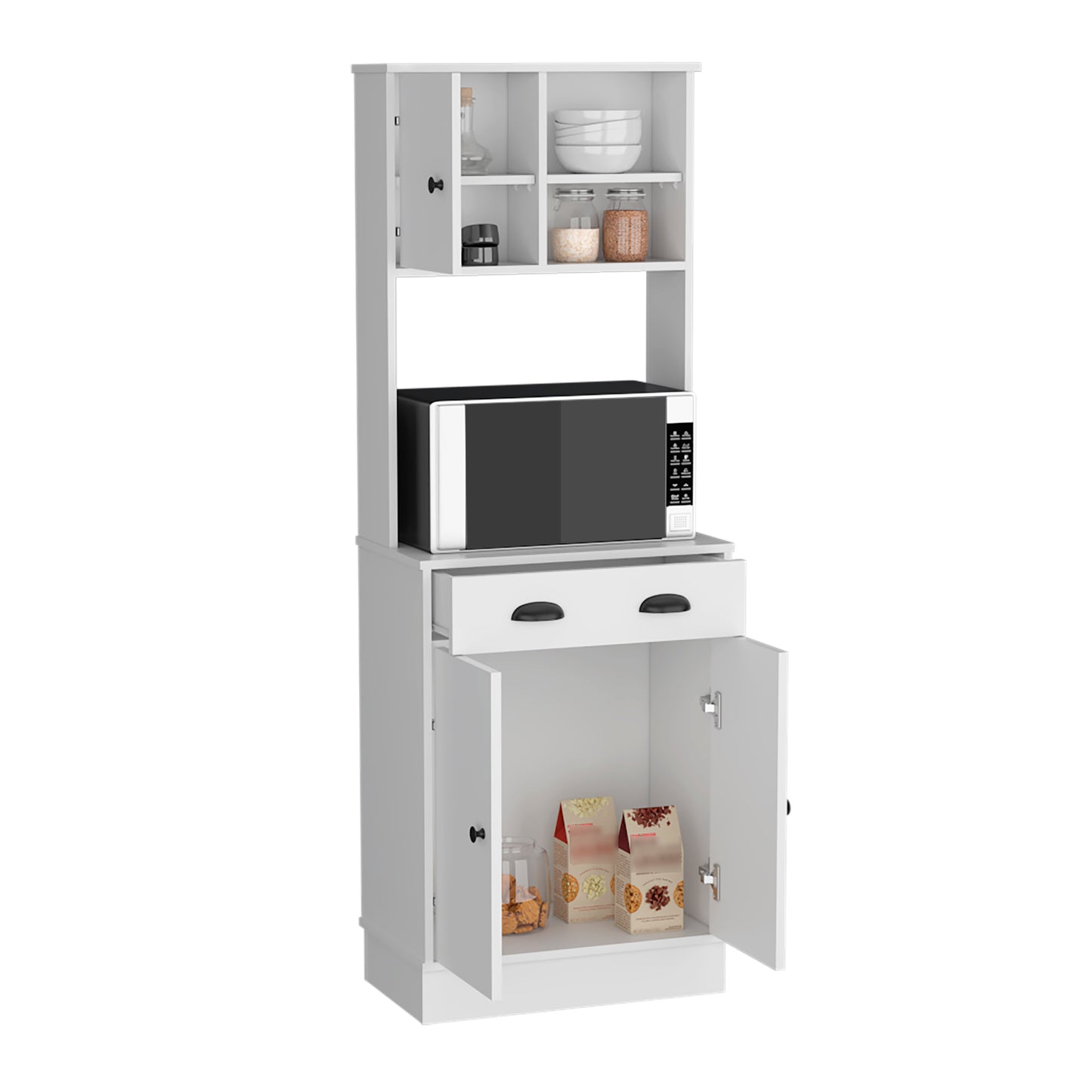 White kitchen pantry cabinet with microwave shelf