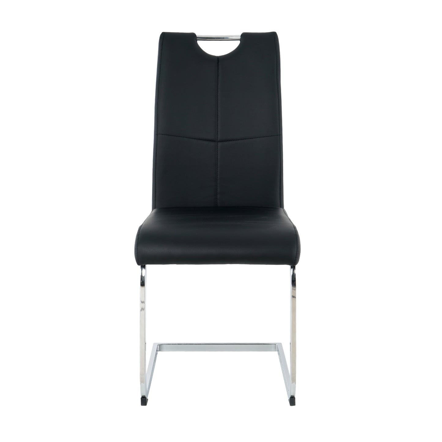 Black leather dining chair with chrome sled base